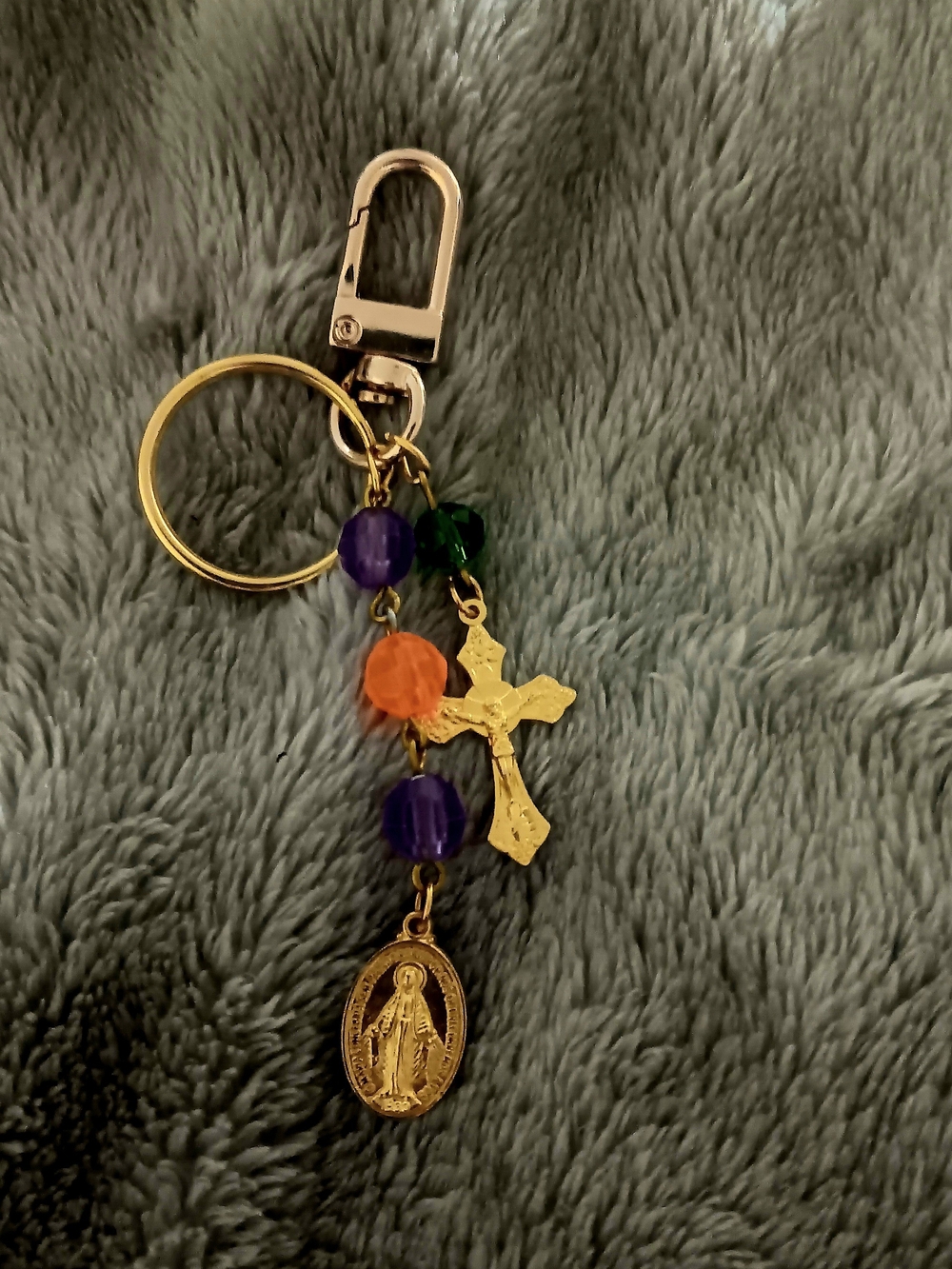 Gold-Tone Cross and Medal Keychain with Purple, Orange, Green Beads